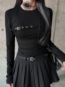 FRIFUL 女款素色休閒百搭日常長袖T恤 秋季 - 黑色 - 查看 6