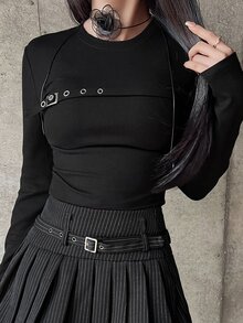 FRIFUL 女款素色休閒百搭日常長袖T恤 秋季 - 黑色 - 查看 8