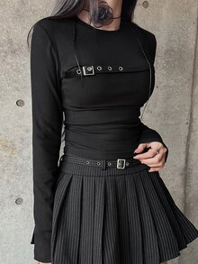 FRIFUL 女款素色休閒百搭日常長袖T恤 秋季 - 黑色 - 查看 3