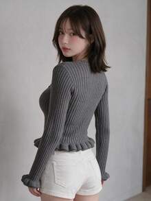 FRIFUL Solid Color Casual Daily Wear Knit Sweater For Middle-Aged And Elderly Women - Grey - View 2