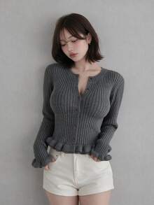 FRIFUL Solid Color Casual Daily Wear Knit Sweater For Middle-Aged And Elderly Women - Grey - View 5