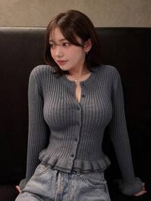 FRIFUL Solid Color Casual Daily Wear Knit Sweater For Middle-Aged And Elderly Women - Grey - View 1