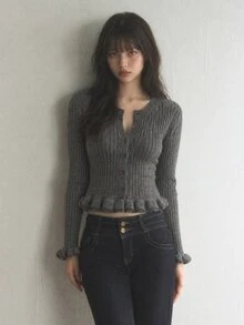 FRIFUL Solid Color Casual Daily Wear Knit Sweater For Middle-Aged And Elderly Women - Grey - View 4