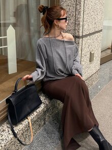 FRIFUL Women's Solid Color Asymmetrical Shoulder Casual Daily Long Sleeve Sweater - Grey - View 4