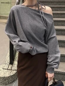 FRIFUL Women's Solid Color Asymmetrical Shoulder Casual Daily Long Sleeve Sweater - Grey - View 6