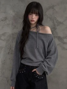 FRIFUL Women's Solid Color Asymmetrical Shoulder Casual Daily Long Sleeve Sweater - Grey - View 7