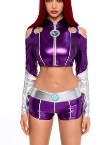 ROMWE Anime Halloween Star Fire Cosplay Costume PU Contrast Color Cropped Top & Ultra Low Waist Mini Shorts Women 2 Pieces Set - Purple - View 2