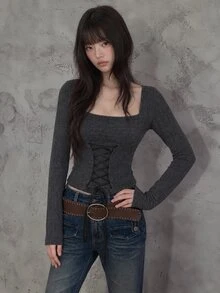 FRIFUL Women's Solid Color Square Neck Long Sleeve Waist Tie Design Casual Sexy T-Shirt Night Out Dark Grey Fall - Black - View 5