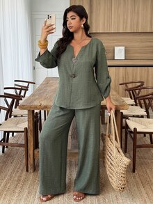 Weeklong Women's Plus Size Casual Short Sleeve Button Decor V-Neck Blouse And Straight Leg Pants 2 Pieces Set, Suitable For Daily Wear And Vacation Fall - Army Green - View 6
