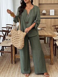 Weeklong Women's Plus Size Casual Short Sleeve Button Decor V-Neck Blouse And Straight Leg Pants 2 Pieces Set, Suitable For Daily Wear And Vacation Fall - Army Green - View 3