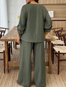 Weeklong Women's Plus Size Casual Short Sleeve Button Decor V-Neck Blouse And Straight Leg Pants 2 Pieces Set, Suitable For Daily Wear And Vacation Fall - Army Green - View 2