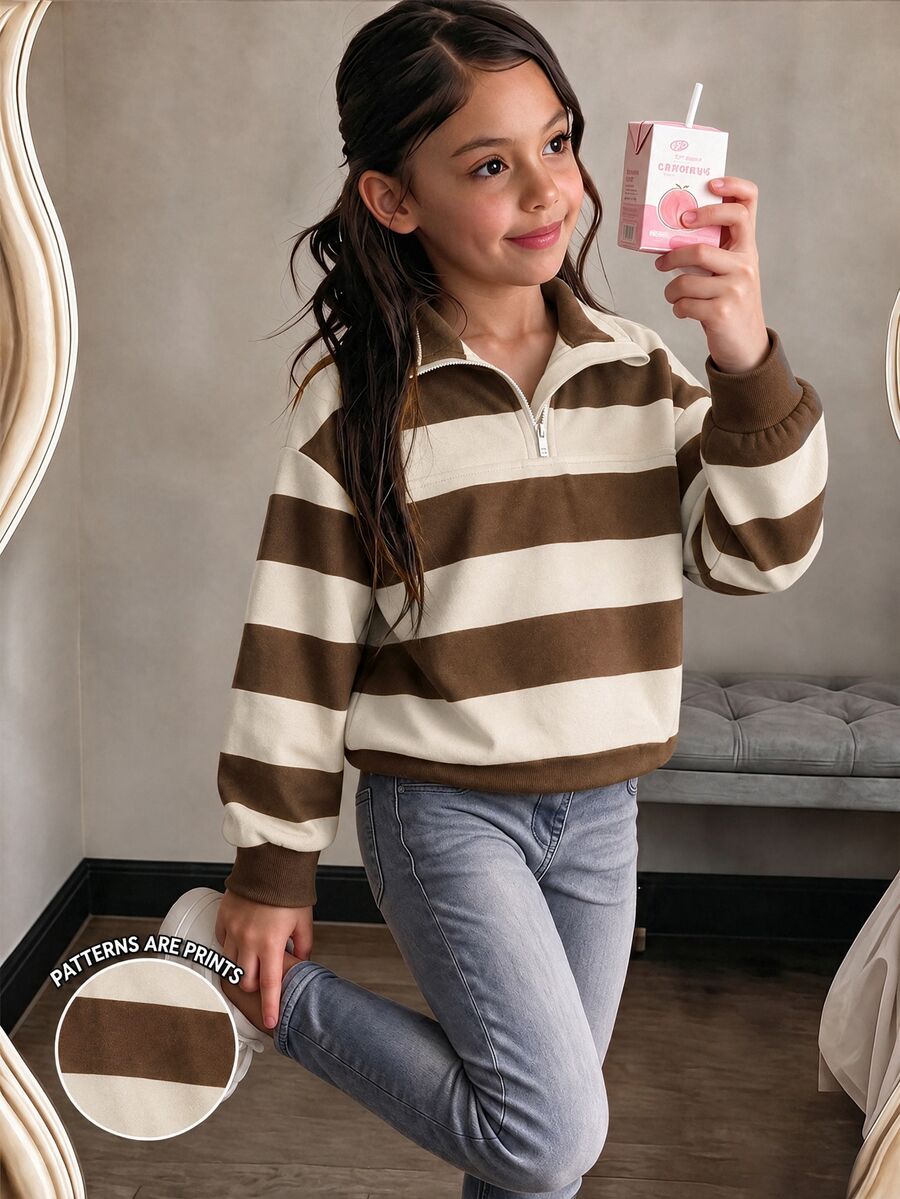 Tween Girl Striped Colorblock Long Sleeve Versatile Sweatshirt - Multicolor - View 1