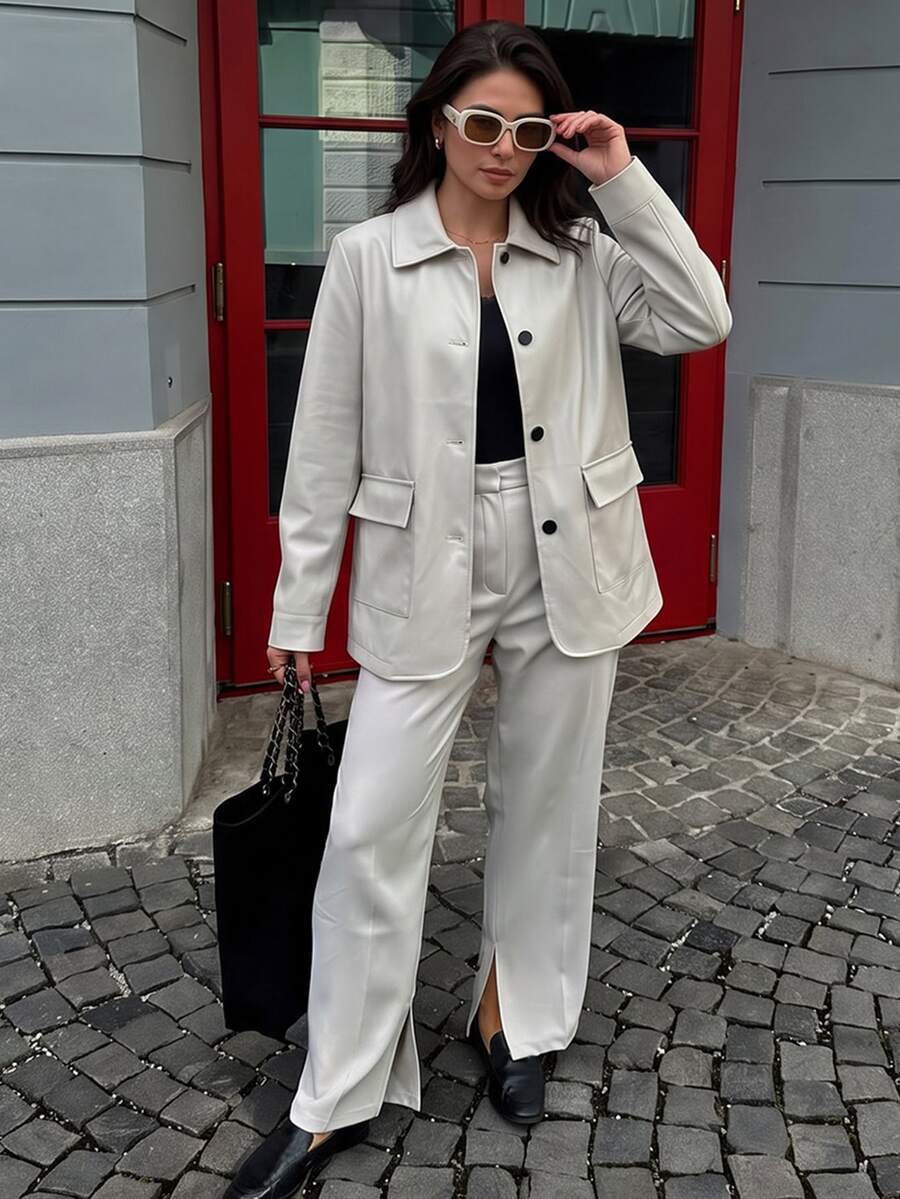 Yunfilé Off-White Square Collar Jacket, Elegant Single-Breasted Large Pocket Straight Casual Versatile Jacket Top - Beige - View 1