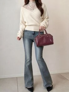 FRIFUL Áo len nữ 2 trong 1 phong cách Hàn Quốc mới đầu thu, phối màu tương phản, cổ ren, hở vai, kiểu dễ thương - Màu be - Xem 6