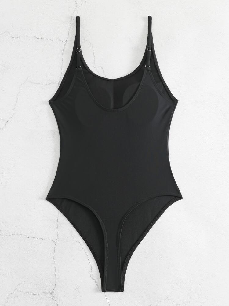 SHEIN Swim Basics Summer Beach Women's Solid Color One Piece Swimsuit - Black - View 2