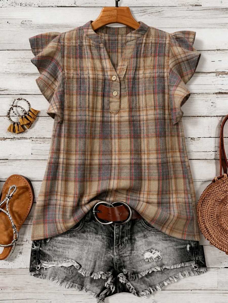 Linhara Plus Size Women's Summer New Fashion Retro Red Plaid Short Flutter Sleeve Blouse - Yellow - View 1