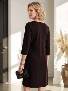 Miaspire Middle-Aged Women Rhinestone Decorated Casual Daily Dress - Brown - View 2