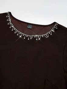 Miaspire Middle-Aged Women Rhinestone Decorated Casual Daily Dress - Brown - View 5