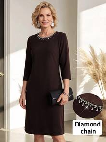 Miaspire Middle-Aged Women Rhinestone Decorated Casual Daily Dress - Brown - View 1