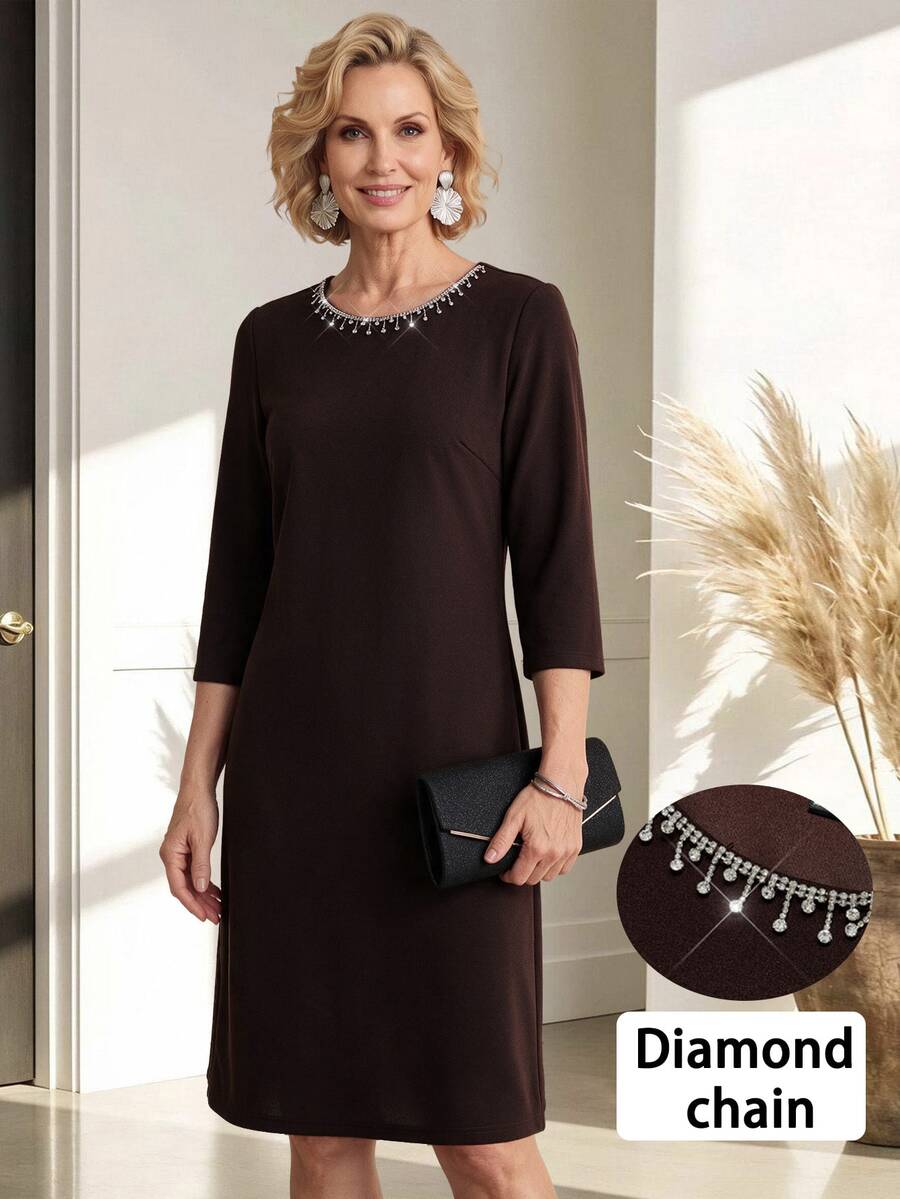 Miaspire Middle-Aged Women Rhinestone Decorated Casual Daily Dress - Brown - View 1