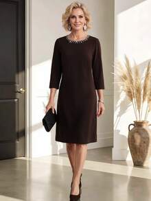 Miaspire Middle-Aged Women Rhinestone Decorated Casual Daily Dress - Brown - View 4