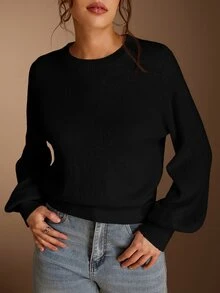 SHEIN BASICS 女款休閒極簡百搭黑色圓領長袖針織毛衣，適合秋季穿著，通勤上班、日常居家、辦公室穿搭女裝 - 黑色 - 查看 3