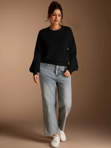 SHEIN BASICS 女款休閒極簡百搭黑色圓領長袖針織毛衣，適合秋季穿著，通勤上班、日常居家、辦公室穿搭女裝 - 黑色 - 查看 4