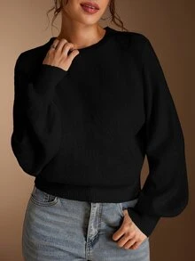 SHEIN BASICS 女款休閒極簡百搭黑色圓領長袖針織毛衣，適合秋季穿著，通勤上班、日常居家、辦公室穿搭女裝 - 黑色 - 查看 7
