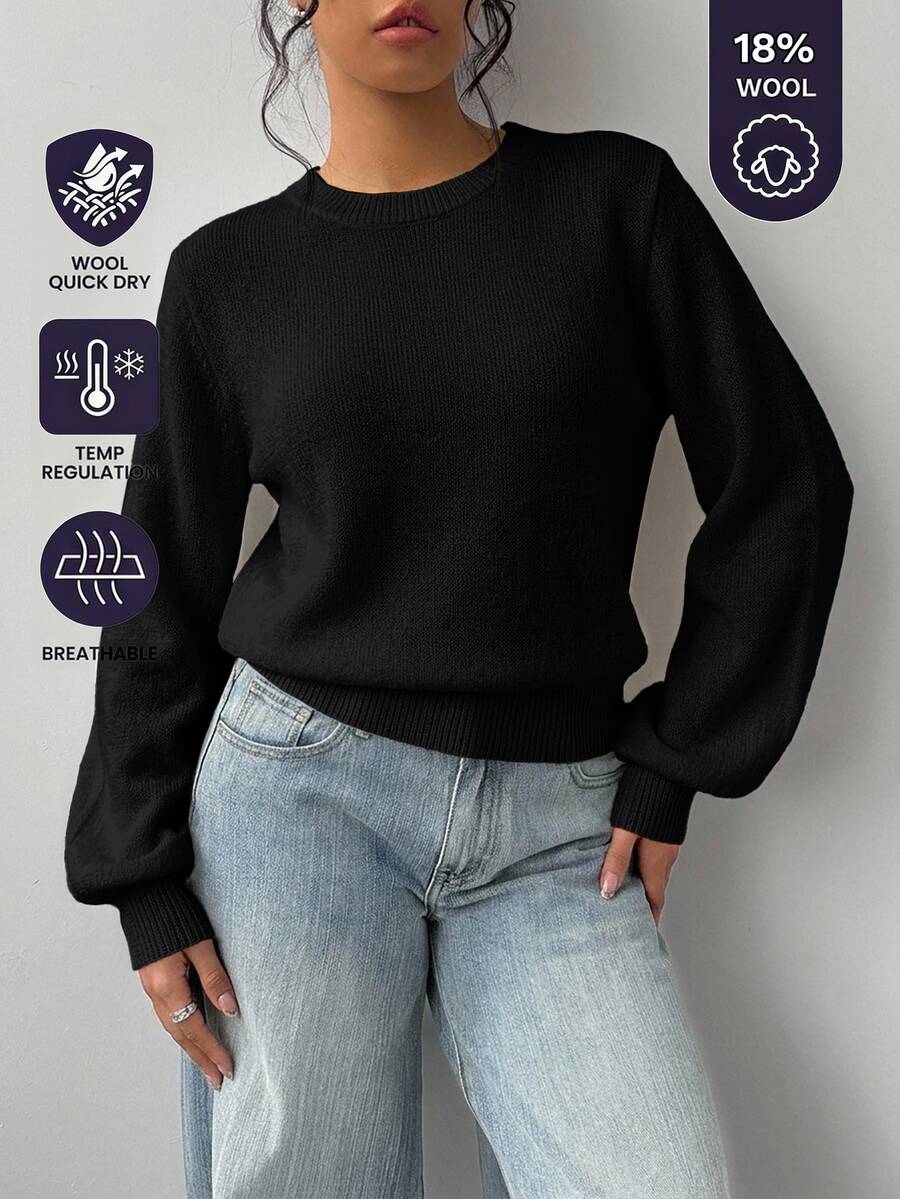 SHEIN BASICS 女款休閒極簡百搭黑色圓領長袖針織毛衣,適合秋季穿著,通勤上班、日常居家、辦公室穿搭女裝 - 黑色 - 查看 1