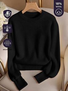 SHEIN BASICS 女款休閒極簡百搭黑色圓領長袖針織毛衣，適合秋季穿著，通勤上班、日常居家、辦公室穿搭女裝 - 黑色 - 查看 2