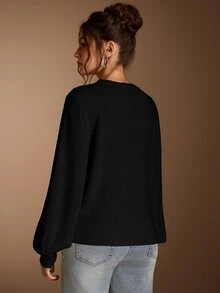 SHEIN BASICS 女款休閒極簡百搭黑色圓領長袖針織毛衣，適合秋季穿著，通勤上班、日常居家、辦公室穿搭女裝 - 黑色 - 查看 9
