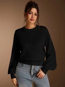 SHEIN BASICS 女款休閒極簡百搭黑色圓領長袖針織毛衣，適合秋季穿著，通勤上班、日常居家、辦公室穿搭女裝 - 黑色 - 查看 8