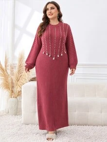 Seusyu Plus Size Women's Faux Pearl Decor Patchwork Tassel Design Round Neck Long Sleeve Elegant Knit Dress - Red Violet - View 4