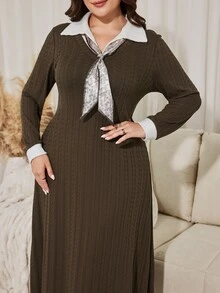 Seusyu Casual Minimalist Knit Jacquard Colorblock Collared Long Sleeve Cinched Waist A-Line Regular Fit Plus Size Dress For Spring And Autumn - Brown - View 1