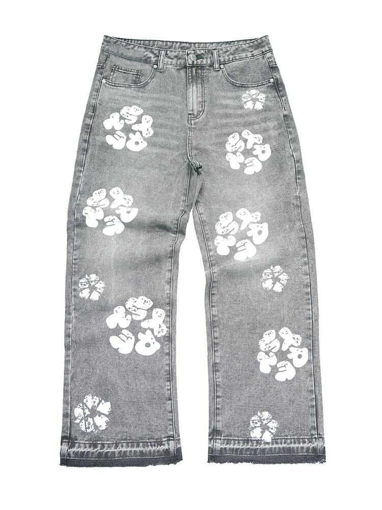 RivetRise Men's Vintage Washed Floral Print Loose Straight Leg Jeans - Light Grey - View 4