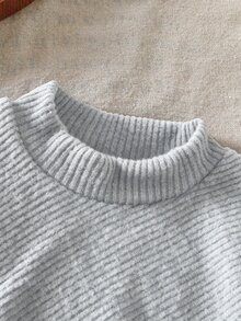SHEIN Baby Girls 2 Piece Ribbed Knit Outfit Set High Neck Irregular Hem Top With Fuzzy Cuffs Matching Flared Pants Winter Outfit For Christmas Daily Wear - Grey - View 6