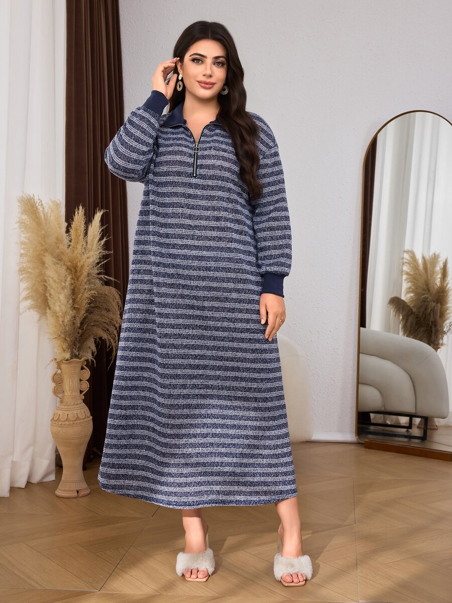 Lacomfia Minimalist Casual Faux Knit Jacquard Striped Zip-Up Collared Long Sleeve Loose Regular Fit Spring Autumn Plus Size Dress - Blue - View 1