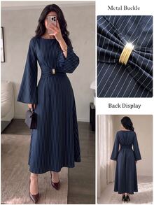 NOVVYNE Women Spring Fall Elegant Navy Vertical Stripe Round Neck Flare Long Sleeve Metal Buckle Waist Cinched Midi Dress For Commute Visiting Banquet - Navy Blue - View 8