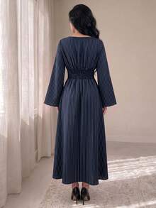 NOVVYNE Women Spring Fall Elegant Navy Vertical Stripe Round Neck Flare Long Sleeve Metal Buckle Waist Cinched Midi Dress For Commute Visiting Banquet - Navy Blue - View 2