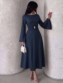 NOVVYNE Women Spring Fall Elegant Navy Vertical Stripe Round Neck Flare Long Sleeve Metal Buckle Waist Cinched Midi Dress For Commute Visiting Banquet - Navy Blue - View 4