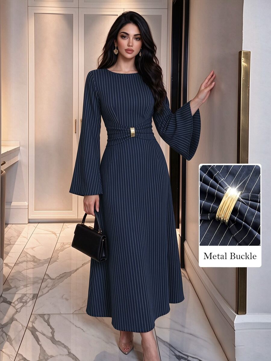 NOVVYNE Women Spring Fall Elegant Navy Vertical Stripe Round Neck Flare Long Sleeve Metal Buckle Waist Cinched Midi Dress For Commute Visiting Banquet - Navy Blue - View 1