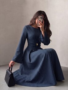 NOVVYNE Women Spring Fall Elegant Navy Vertical Stripe Round Neck Flare Long Sleeve Metal Buckle Waist Cinched Midi Dress For Commute Visiting Banquet - Navy Blue - View 7