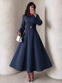 NOVVYNE Women Spring Fall Elegant Navy Vertical Stripe Round Neck Flare Long Sleeve Metal Buckle Waist Cinched Midi Dress For Commute Visiting Banquet - Navy Blue - View 5