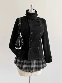 Elamini Women's Cinched Waist Long Sleeve Stand Collar Overcoat - Black - View 3