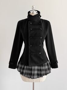 Elamini Women's Cinched Waist Long Sleeve Stand Collar Overcoat - Black - View 5