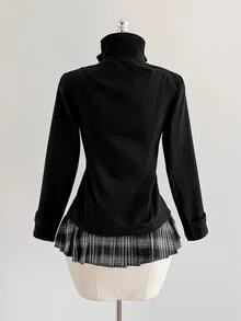 Elamini Women's Cinched Waist Long Sleeve Stand Collar Overcoat - Black - View 2