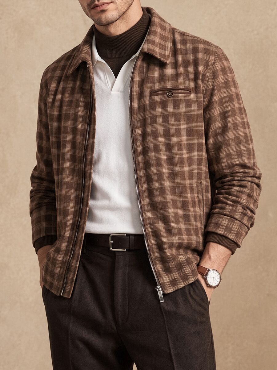 Core Aspect 2026 Spring Summer Men's Brown Plaid Lapel Jacket Vintage Casual Coat For Business Commute Street St - Brown - View 1