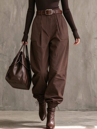 SHEIN Women's Vintage Brown High Waist Cargo Jogger Pants, Loose Casual Long Pants