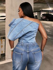 Slaydiva One-Sleeve Asymmetrical Loose Plus Size Denim Jacket,Fall/Winter - Blue - View 2