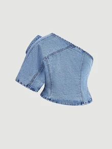 Slaydiva One-Sleeve Asymmetrical Loose Plus Size Denim Jacket,Fall/Winter - Blue - View 8